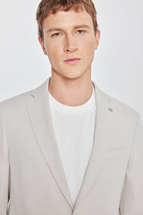 Pamuklu Slim Fit Dar Kesim Mono Yaka Diagonal Desenli Kapak Cepli Bej Takım Elbise resmi