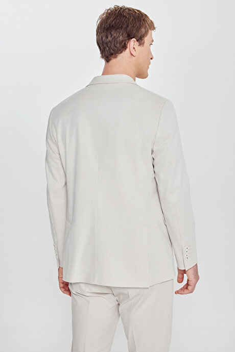 Pamuklu Slim Fit Dar Kesim Mono Yaka Diagonal Desenli Kapak Cepli Bej Takım Elbise resmi