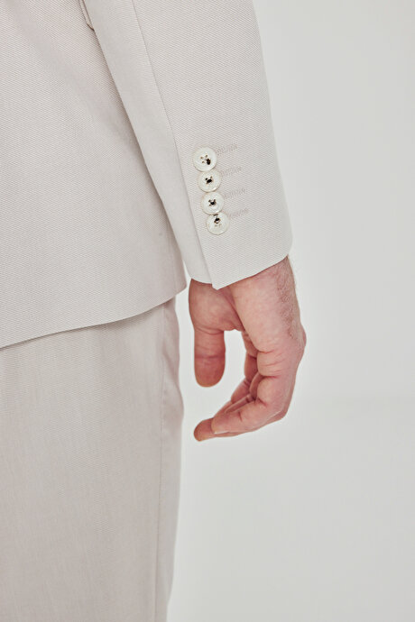 Pamuklu Slim Fit Dar Kesim Mono Yaka Diagonal Desenli Kapak Cepli Bej Takım Elbise resmi