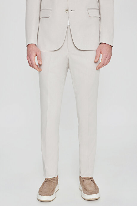 Pamuklu Slim Fit Dar Kesim Mono Yaka Diagonal Desenli Kapak Cepli Bej Takım Elbise resmi