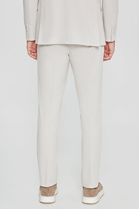 Pamuklu Slim Fit Dar Kesim Mono Yaka Diagonal Desenli Kapak Cepli Bej Takım Elbise resmi