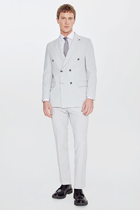 Slim Fit Dar Kesim Kırlangıç Yaka Beli Gizli Lastikli Kapak Cepli Çizgili Gofre Desenli Gri Takım Elbise resmi