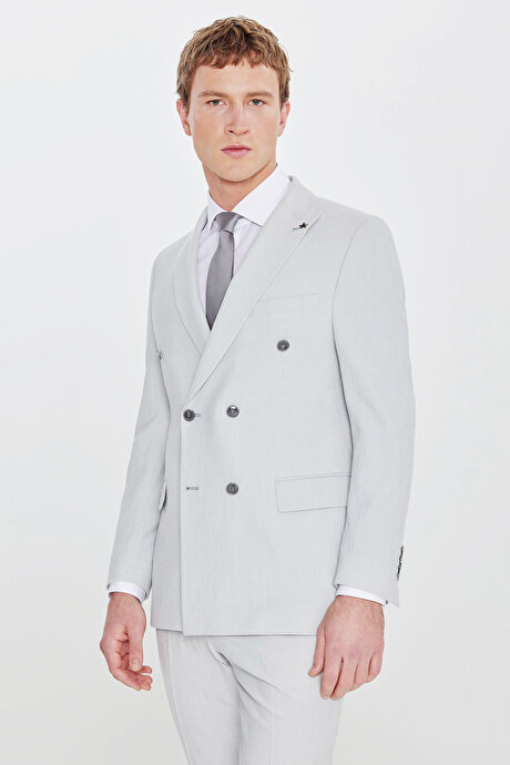 Slim Fit Dar Kesim Kırlangıç Yaka Beli Gizli Lastikli Kapak Cepli Çizgili Gofre Desenli Gri Takım Elbise resmi