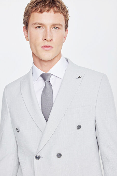 Slim Fit Dar Kesim Kırlangıç Yaka Beli Gizli Lastikli Kapak Cepli Çizgili Gofre Desenli Gri Takım Elbise resmi