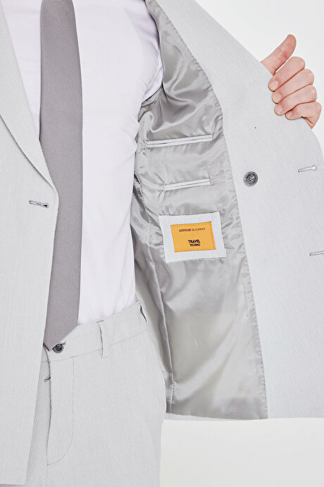 Slim Fit Dar Kesim Kırlangıç Yaka Beli Gizli Lastikli Kapak Cepli Çizgili Gofre Desenli Gri Takım Elbise resmi