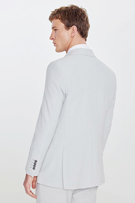 Slim Fit Dar Kesim Kırlangıç Yaka Beli Gizli Lastikli Kapak Cepli Çizgili Gofre Desenli Gri Takım Elbise resmi