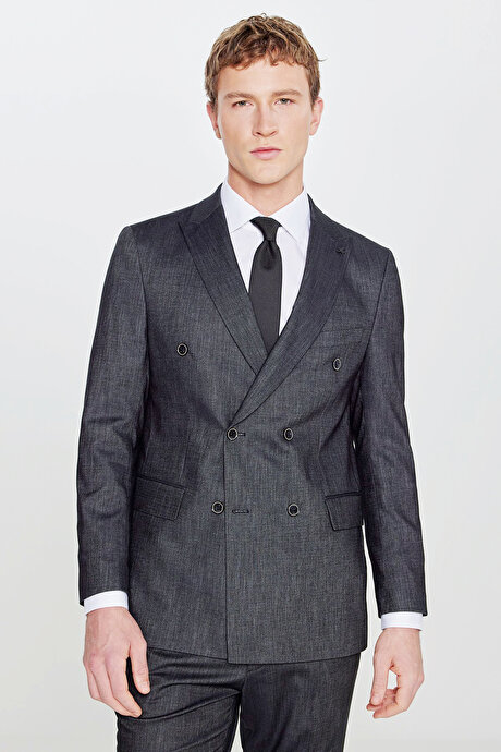 Slim Fit Dar Kesim Kırlangıç Yaka Kapak Cepli Diagonal Desenli Kruvaze Siyah Takım Elbise resmi