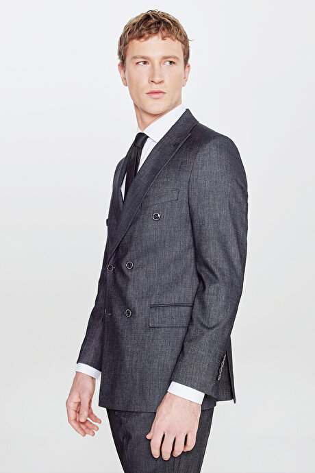 Slim Fit Dar Kesim Kırlangıç Yaka Kapak Cepli Diagonal Desenli Kruvaze Siyah Takım Elbise resmi