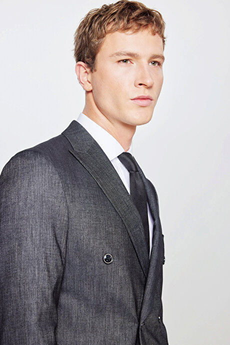 Slim Fit Dar Kesim Kırlangıç Yaka Kapak Cepli Diagonal Desenli Kruvaze Siyah Takım Elbise resmi