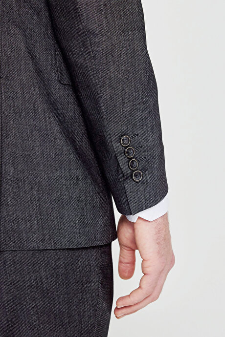 Slim Fit Dar Kesim Kırlangıç Yaka Kapak Cepli Diagonal Desenli Kruvaze Siyah Takım Elbise resmi