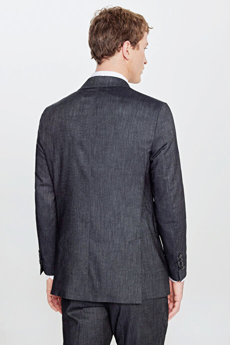 Slim Fit Dar Kesim Kırlangıç Yaka Kapak Cepli Diagonal Desenli Kruvaze Siyah Takım Elbise resmi