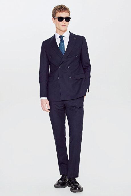 Slim Fit Dar Kesim Mono Yaka Beli Gizli Lastikli Kapak Cepli Ekose Desenli Esnek Lacivert Takım Elbise resmi