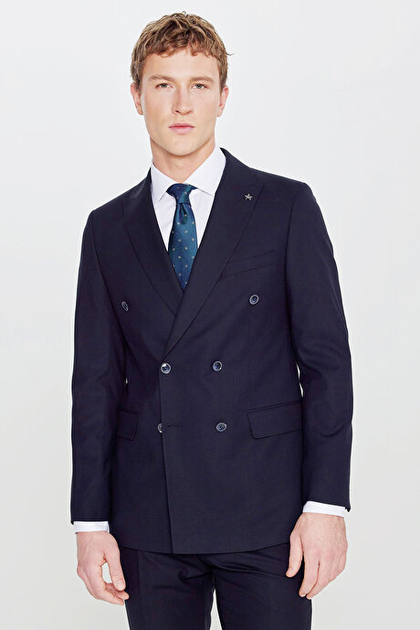 Slim Fit Dar Kesim Mono Yaka Beli Gizli Lastikli Kapak Cepli Ekose Desenli Esnek Lacivert Takım Elbise resmi