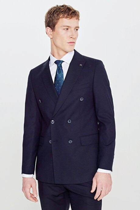 Slim Fit Dar Kesim Mono Yaka Beli Gizli Lastikli Kapak Cepli Ekose Desenli Esnek Lacivert Takım Elbise resmi