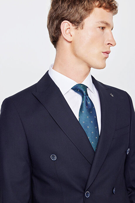 Slim Fit Dar Kesim Mono Yaka Beli Gizli Lastikli Kapak Cepli Ekose Desenli Esnek Lacivert Takım Elbise resmi