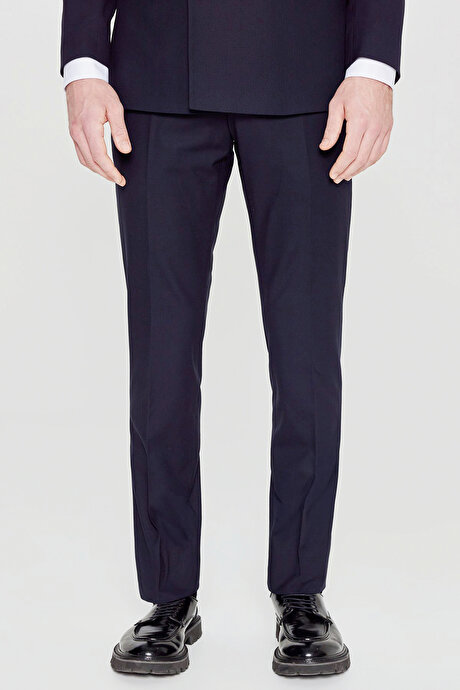 Slim Fit Dar Kesim Mono Yaka Beli Gizli Lastikli Kapak Cepli Ekose Desenli Esnek Lacivert Takım Elbise resmi