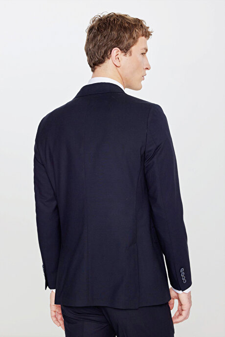 Slim Fit Dar Kesim Mono Yaka Beli Gizli Lastikli Kapak Cepli Ekose Desenli Esnek Lacivert Takım Elbise resmi
