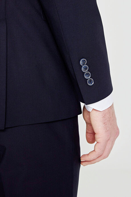 Slim Fit Dar Kesim Mono Yaka Beli Gizli Lastikli Kapak Cepli Ekose Desenli Esnek Lacivert Takım Elbise resmi