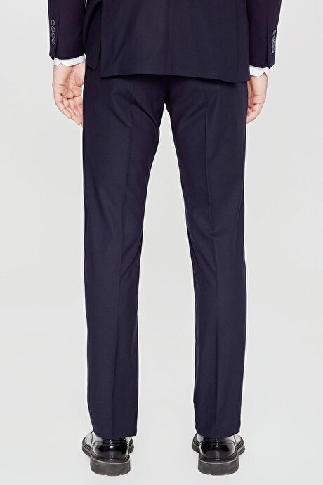 Slim Fit Dar Kesim Mono Yaka Beli Gizli Lastikli Kapak Cepli Ekose Desenli Esnek Lacivert Takım Elbise resmi