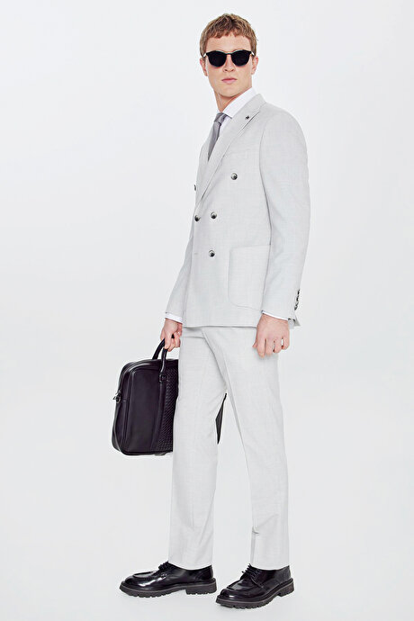 Slim Fit Dar Kesim Mono Yaka Beli Gizli Lastikli Kapak Cepli Ekose Desenli Esnek Gri Takım Elbise resmi