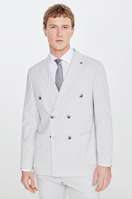 Slim Fit Dar Kesim Mono Yaka Beli Gizli Lastikli Kapak Cepli Ekose Desenli Esnek Gri Takım Elbise resmi