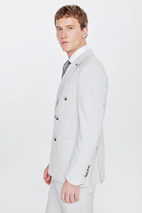 Slim Fit Dar Kesim Mono Yaka Beli Gizli Lastikli Kapak Cepli Ekose Desenli Esnek Gri Takım Elbise resmi