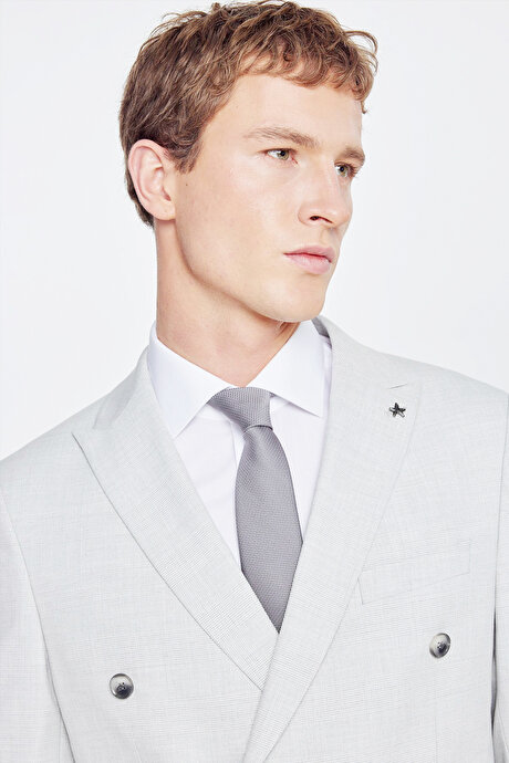 Slim Fit Dar Kesim Mono Yaka Beli Gizli Lastikli Kapak Cepli Ekose Desenli Esnek Gri Takım Elbise resmi