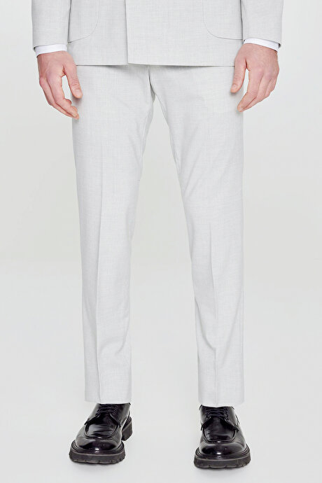 Slim Fit Dar Kesim Mono Yaka Beli Gizli Lastikli Kapak Cepli Ekose Desenli Esnek Gri Takım Elbise resmi