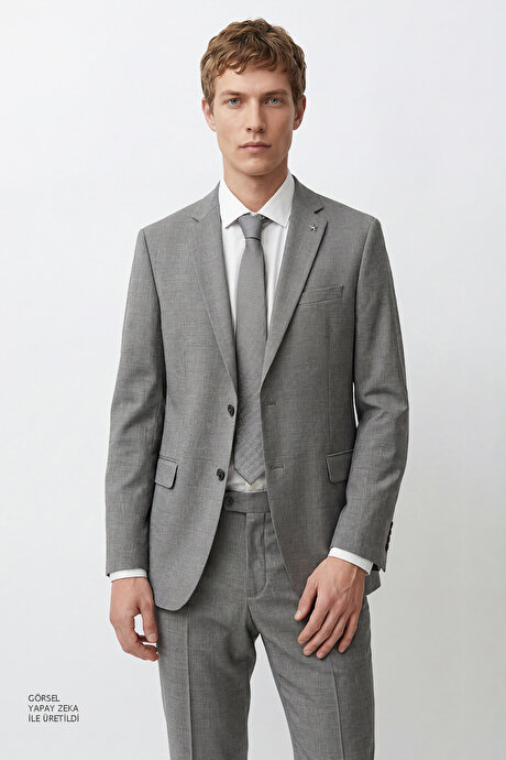 Slim Fit Dar Kesim Mono Yaka Beli Gizli Lastikli Kapak Cepli Ekose Desenli Esnek Gri Takım Elbise resmi