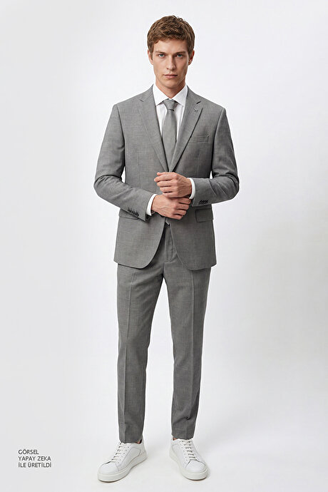 Slim Fit Dar Kesim Mono Yaka Beli Gizli Lastikli Kapak Cepli Ekose Desenli Esnek Gri Takım Elbise resmi