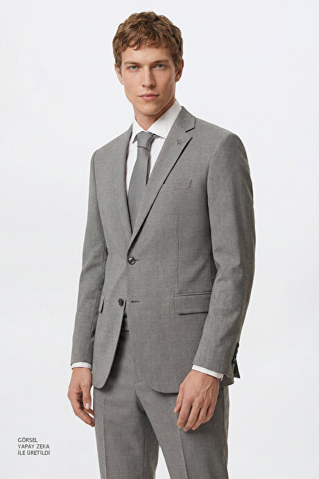 Slim Fit Dar Kesim Mono Yaka Beli Gizli Lastikli Kapak Cepli Ekose Desenli Esnek Gri Takım Elbise resmi