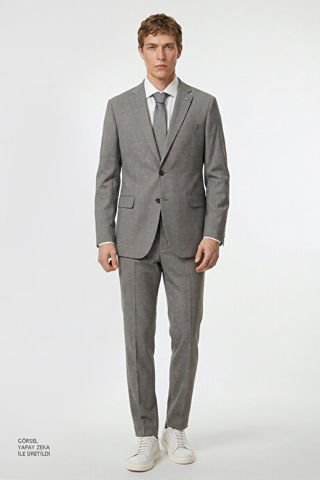 Slim Fit Dar Kesim Mono Yaka Beli Gizli Lastikli Kapak Cepli Ekose Desenli Esnek Gri Takım Elbise resmi