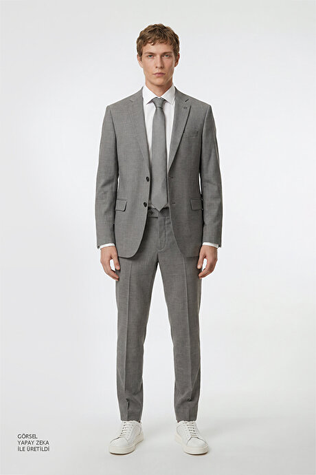 Slim Fit Dar Kesim Mono Yaka Beli Gizli Lastikli Kapak Cepli Ekose Desenli Esnek Gri Takım Elbise resmi