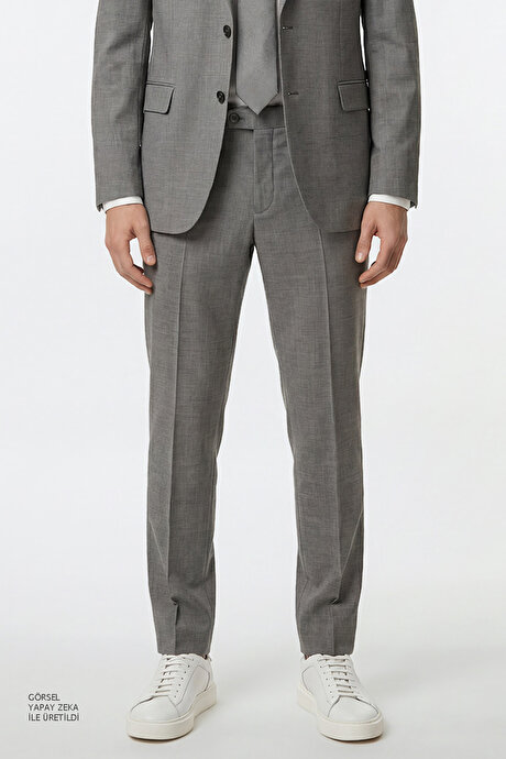 Slim Fit Dar Kesim Mono Yaka Beli Gizli Lastikli Kapak Cepli Ekose Desenli Esnek Gri Takım Elbise resmi