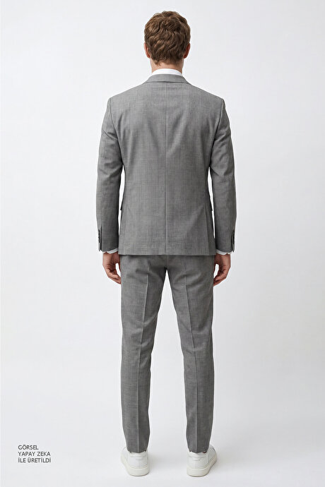 Slim Fit Dar Kesim Mono Yaka Beli Gizli Lastikli Kapak Cepli Ekose Desenli Esnek Gri Takım Elbise resmi