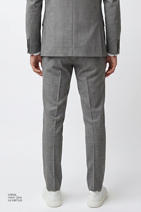 Slim Fit Dar Kesim Mono Yaka Beli Gizli Lastikli Kapak Cepli Ekose Desenli Esnek Gri Takım Elbise resmi