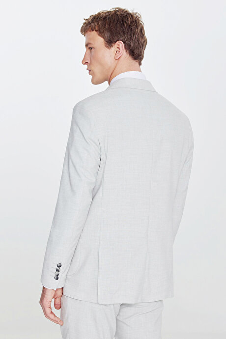 Slim Fit Dar Kesim Mono Yaka Beli Gizli Lastikli Kapak Cepli Ekose Desenli Esnek Gri Takım Elbise resmi