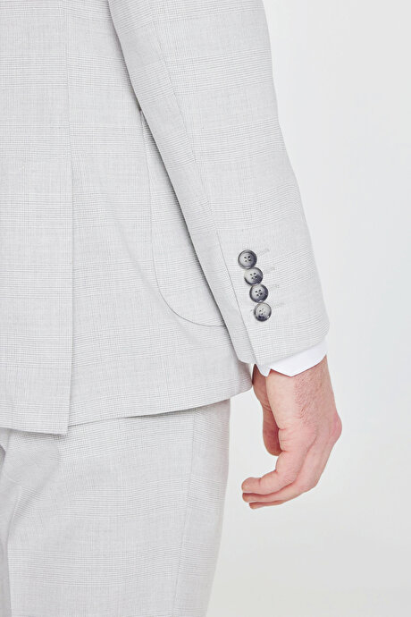 Slim Fit Dar Kesim Mono Yaka Beli Gizli Lastikli Kapak Cepli Ekose Desenli Esnek Gri Takım Elbise resmi