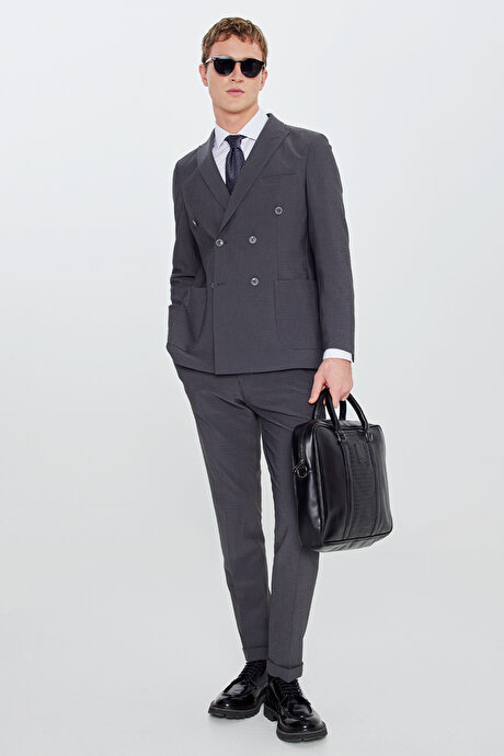 Travel Slim Fit Dar Kesim Kırlangıç Yaka Torba Cepli Esnek Antrasit Takım Elbise resmi