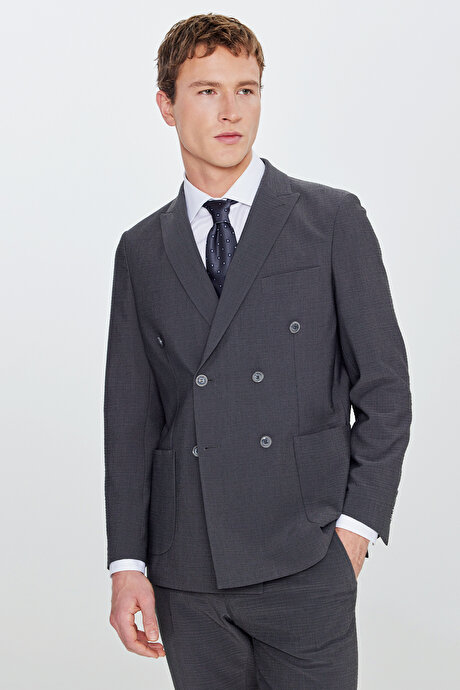 Travel Slim Fit Dar Kesim Kırlangıç Yaka Torba Cepli Esnek Antrasit Takım Elbise resmi