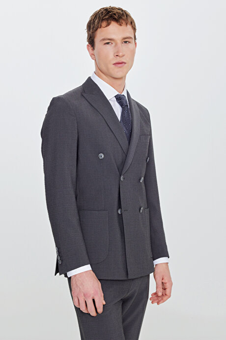 Travel Slim Fit Dar Kesim Kırlangıç Yaka Torba Cepli Esnek Antrasit Takım Elbise resmi