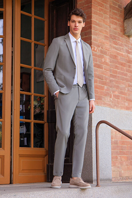 Slim Fit Mono Yaka Beli Bağlamalı Torba Cepli Esnek Haki Takım Elbise resmi