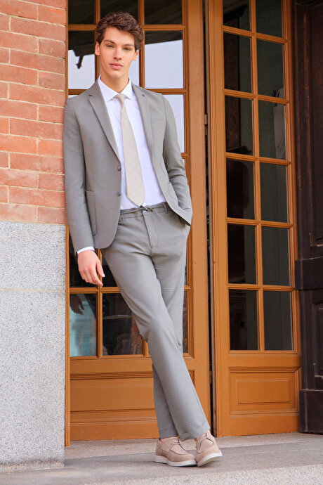 Slim Fit Mono Yaka Beli Bağlamalı Torba Cepli Esnek Haki Takım Elbise resmi