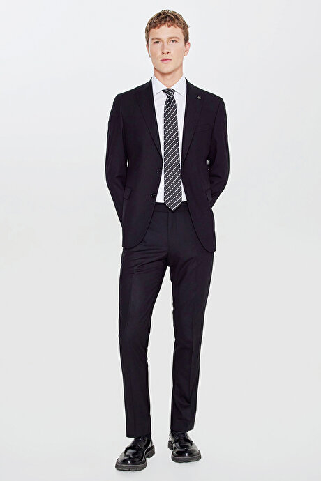 Slim Fit Dar Kesim Kırlangıç Yaka Beli Gizli Lastikli Kapak Cepli Ekose Desenli Siyah Takım Elbise resmi