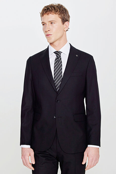 Slim Fit Dar Kesim Kırlangıç Yaka Beli Gizli Lastikli Kapak Cepli Ekose Desenli Siyah Takım Elbise resmi