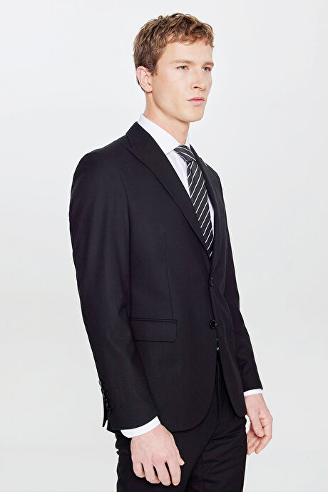 Slim Fit Dar Kesim Kırlangıç Yaka Beli Gizli Lastikli Kapak Cepli Ekose Desenli Siyah Takım Elbise resmi