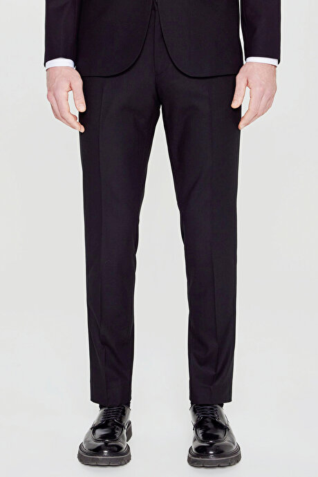 Slim Fit Dar Kesim Kırlangıç Yaka Beli Gizli Lastikli Kapak Cepli Ekose Desenli Siyah Takım Elbise resmi