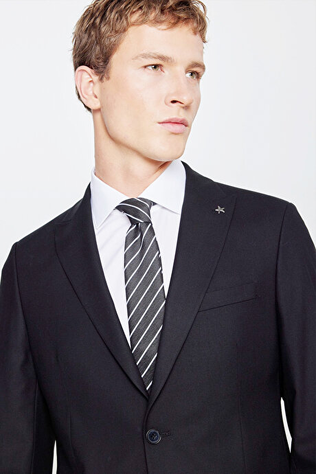 Slim Fit Dar Kesim Kırlangıç Yaka Beli Gizli Lastikli Kapak Cepli Ekose Desenli Siyah Takım Elbise resmi