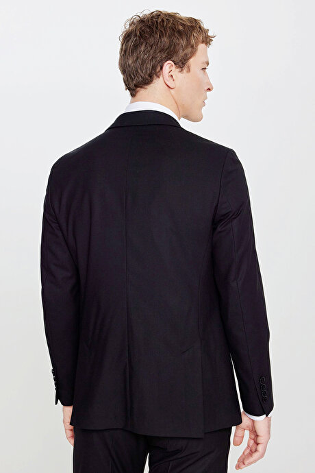 Slim Fit Dar Kesim Kırlangıç Yaka Beli Gizli Lastikli Kapak Cepli Ekose Desenli Siyah Takım Elbise resmi