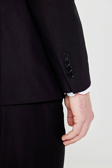 Slim Fit Dar Kesim Kırlangıç Yaka Beli Gizli Lastikli Kapak Cepli Ekose Desenli Siyah Takım Elbise resmi
